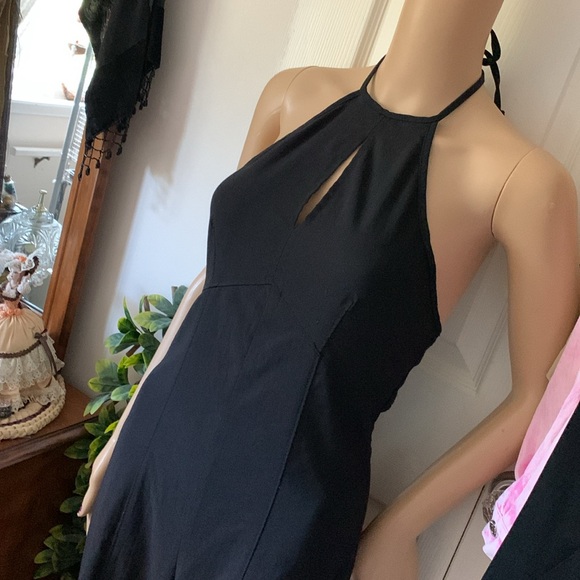 Vtg 90s black backless halter Empire stretch flare jumpsuit onesie pantsuit S M - Picture 4 of 13